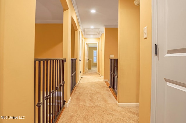 hallway featuring light colored carpet and ornamental molding