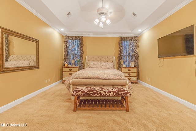 carpeted bedroom featuring a raised ceiling, ceiling fan, and crown molding