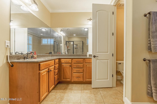 bathroom with vanity, toilet, an enclosed shower, and crown molding