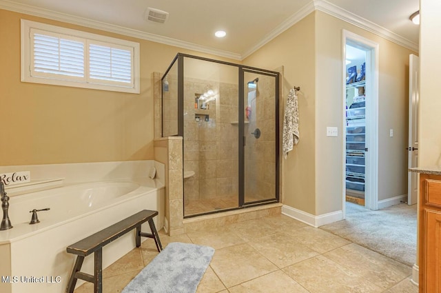 4655 Bonne Terre Dr, Nesbit, MS 38651 - bathroom with a garden tub, a shower stall, baseboards, crown molding, and tile patterned flooring
