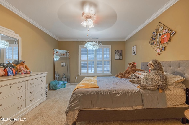 carpeted bedroom featuring ceiling fan with notable chandelier and ornamental molding