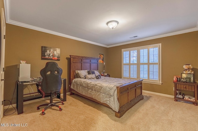 bedroom featuring light carpet and crown molding