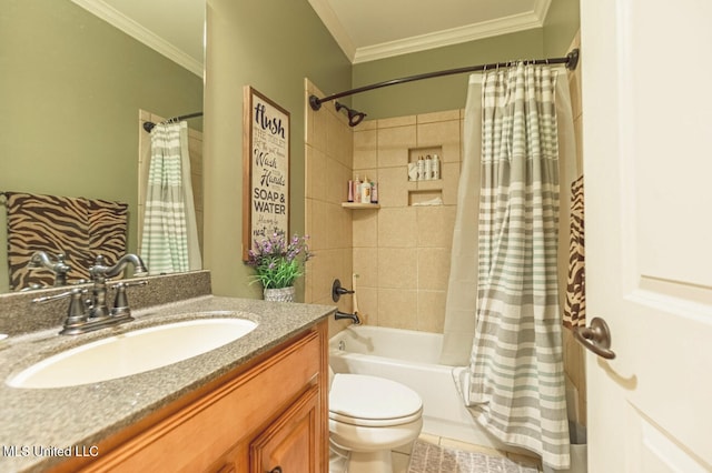 full bathroom with tile patterned flooring, vanity, crown molding, and shower / bath combo with shower curtain