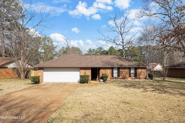 single story home featuring a garage and a front lawn