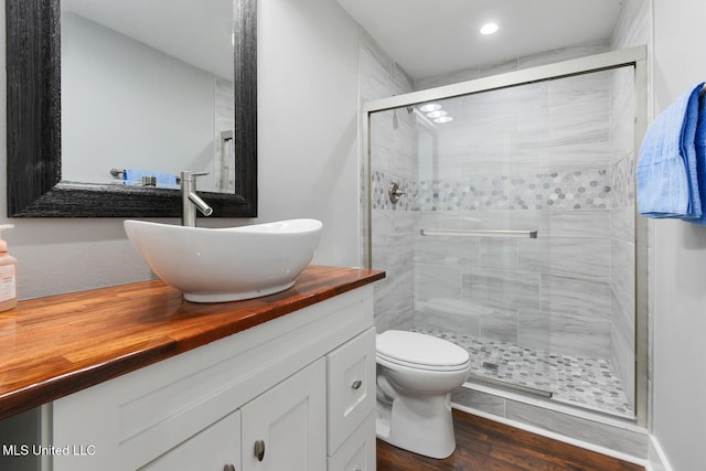 123A Lakeside Villa Dr Unit C, Diamondhead, MS 39525 - bathroom featuring toilet, vanity, a stall shower, and wood finished floors