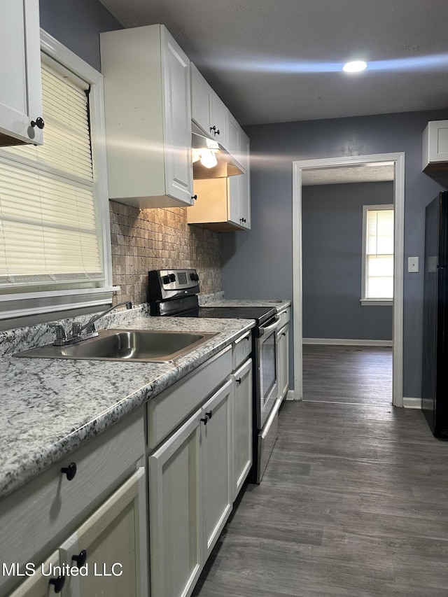 kitchen featuring stainless steel electric range, a sink, freestanding refrigerator, baseboards, and under cabinet range hood