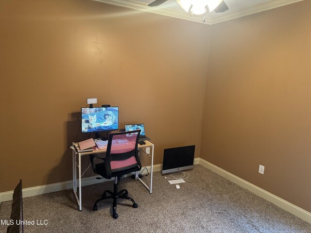 carpeted office featuring ceiling fan and ornamental molding