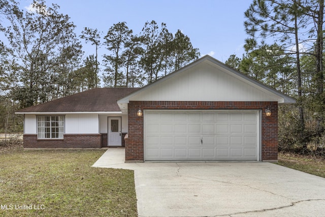 single story home featuring a garage and a front lawn