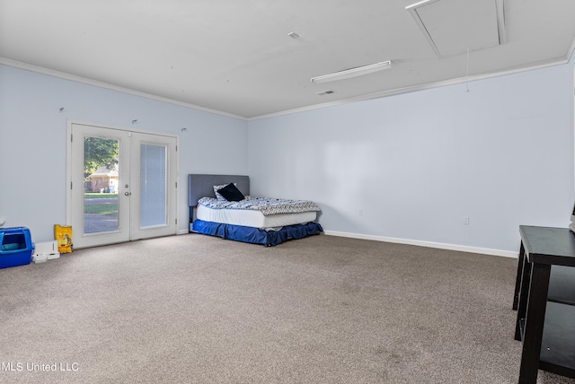 carpeted bedroom with ornamental molding, french doors, and access to outside