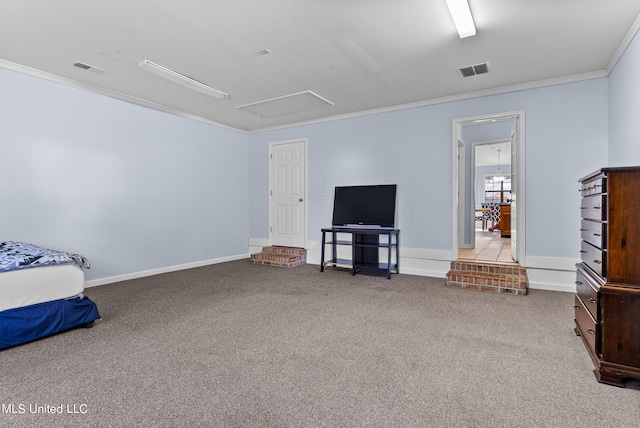 bedroom with ornamental molding, carpet flooring, and ceiling fan