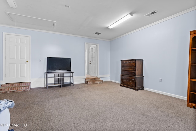 unfurnished living room featuring ornamental molding and carpet floors