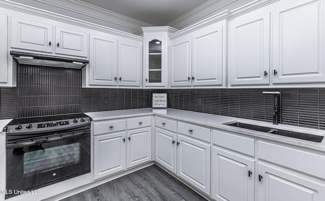 4954 Brookwood Pl, Byram, MS 39272 - kitchen with black electric range oven, under cabinet range hood, white cabinets, light countertops, and ornamental molding