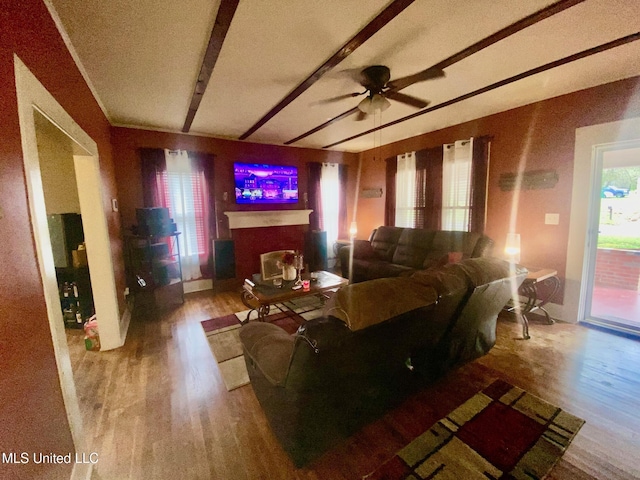 living area featuring wood finished floors and a ceiling fan
