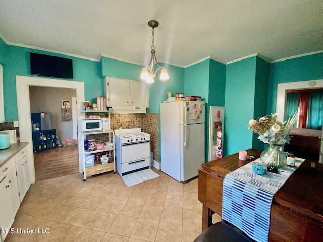 kitchen featuring white cabinetry, backsplash, ornamental molding, and white appliances