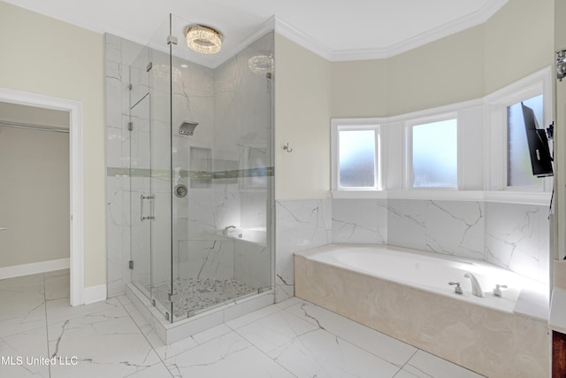 bathroom featuring plus walk in shower and crown molding