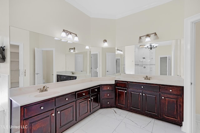 bathroom featuring vanity, ornamental molding, and walk in shower