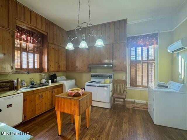 206 Linton Ave, Natchez, MS 39120 - kitchen with white appliances, independent washer and dryer, under cabinet range hood, a sink, and a wall mounted AC