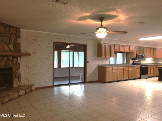 kitchen featuring a healthy amount of sunlight, a fireplace, stainless steel appliances, and a textured ceiling