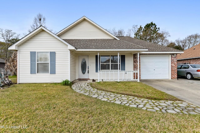 ranch-style home with a front yard, roof with shingles, an attached garage, covered porch, and concrete driveway