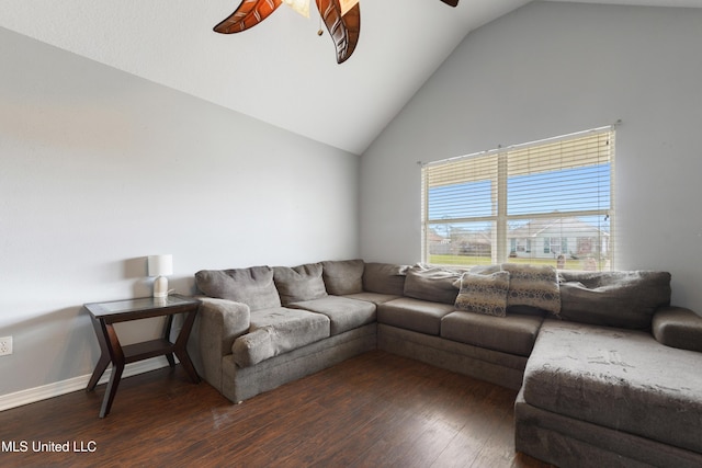 living area with baseboards, high vaulted ceiling, ceiling fan, and wood finished floors