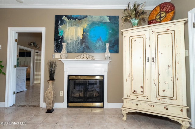 701 S Hill Ct, Biloxi, MS 39532 - living room featuring light tile patterned flooring, crown molding, and a glass covered fireplace
