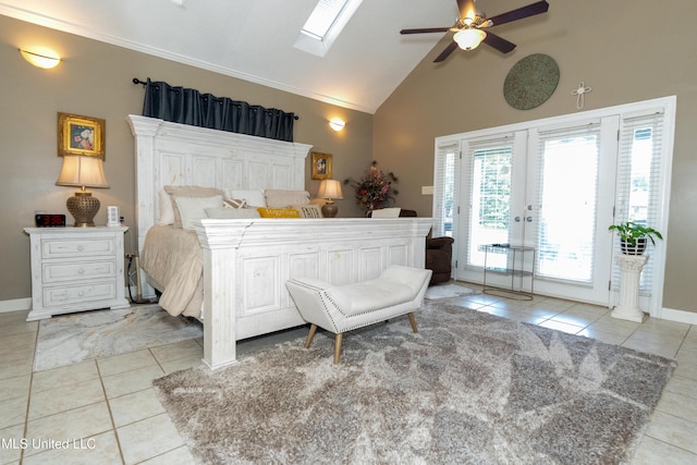701 S Hill Ct, Biloxi, MS 39532 - tiled bedroom featuring access to exterior, high vaulted ceiling, french doors, a skylight, and ceiling fan