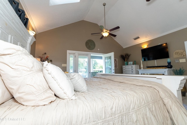 701 S Hill Ct, Biloxi, MS 39532 - bedroom with high vaulted ceiling, a skylight, and ceiling fan