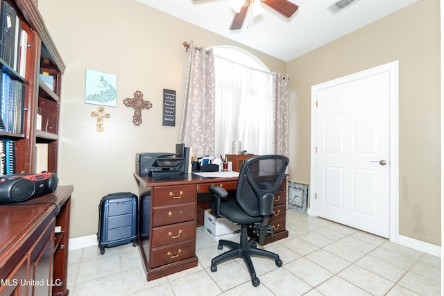 701 S Hill Ct, Biloxi, MS 39532 - tiled home office featuring ceiling fan and baseboards