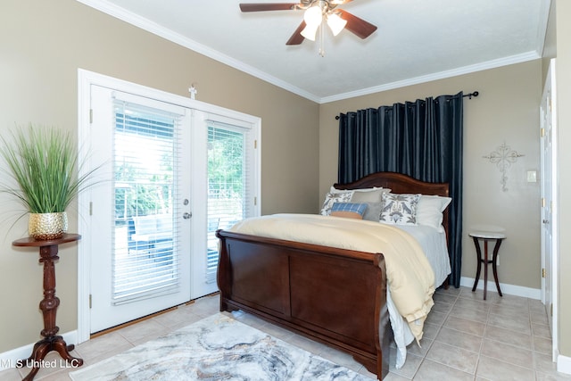 701 S Hill Ct, Biloxi, MS 39532 - bedroom with access to exterior, ornamental molding, light tile patterned floors, and a ceiling fan