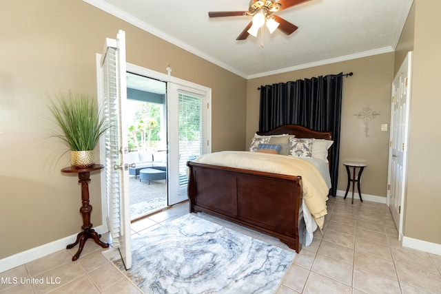 701 S Hill Ct, Biloxi, MS 39532 - bedroom featuring access to outside, crown molding, light tile patterned floors, and ceiling fan