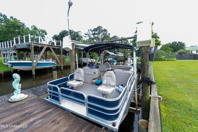 701 S Hill Ct, Biloxi, MS 39532 - dock featuring boat lift, a lawn, and a water view