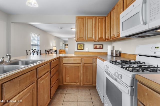 kitchen featuring kitchen peninsula, white appliances, sink, and light tile patterned flooring