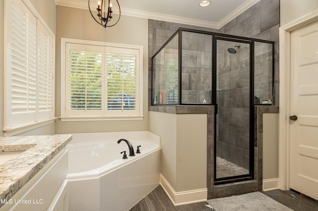 bathroom featuring separate shower and tub, crown molding, and wood-type flooring