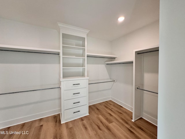 spacious closet with light wood-type flooring and a barn door