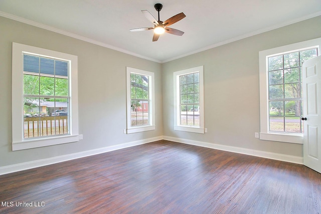 305 First Ave, New Augusta, MS 39462 - empty room featuring dark wood-style flooring, baseboards, ornamental molding, and ceiling fan