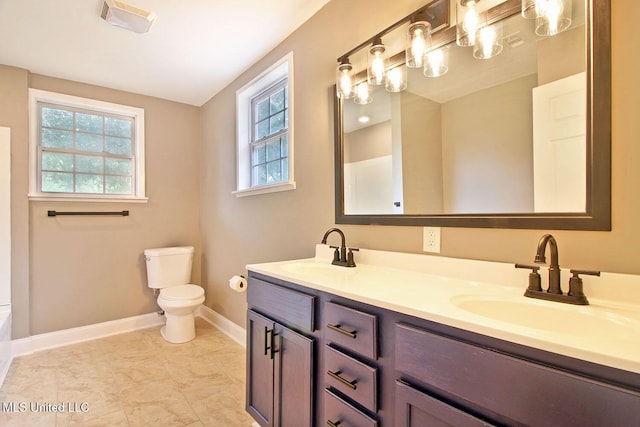305 First Ave, New Augusta, MS 39462 - bathroom with double vanity, baseboards, toilet, a bathtub, and a shower
