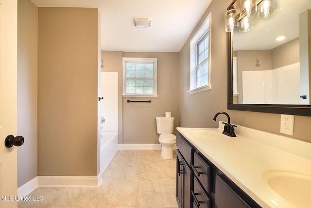 305 First Ave, New Augusta, MS 39462 - bathroom featuring double vanity, toilet, baseboards, and shower / washtub combination