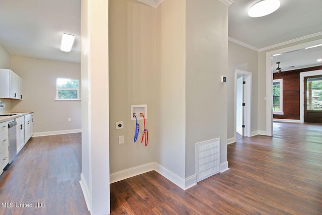 305 First Ave, New Augusta, MS 39462 - hallway with dark wood-style floors, ornamental molding, baseboards, and a sink