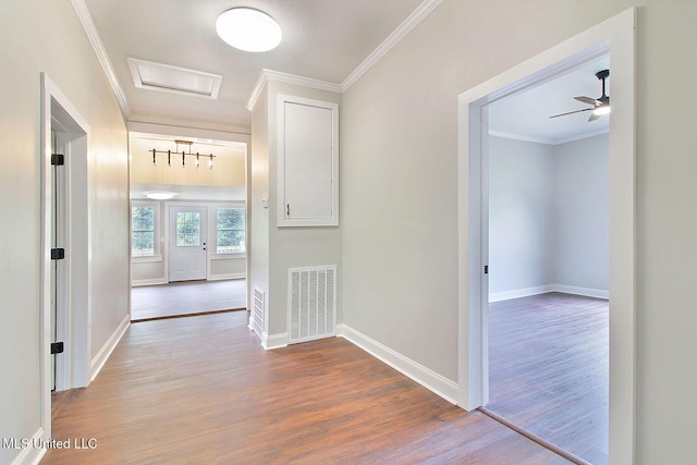 305 First Ave, New Augusta, MS 39462 - hallway featuring wood finished floors, baseboards, and ornamental molding