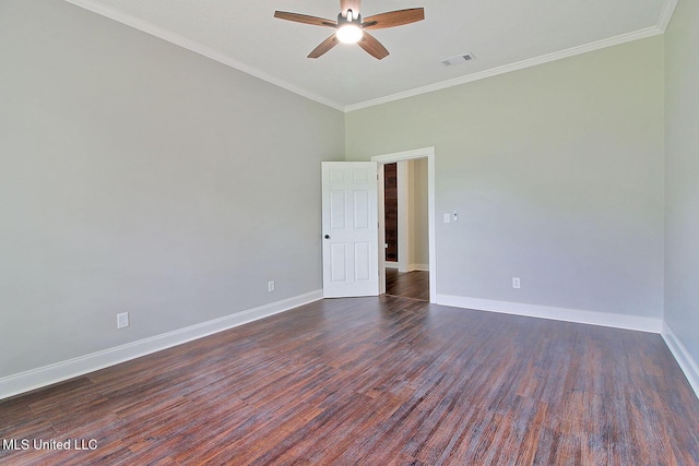 305 First Ave, New Augusta, MS 39462 - unfurnished room featuring ceiling fan, baseboards, dark wood-type flooring, and crown molding