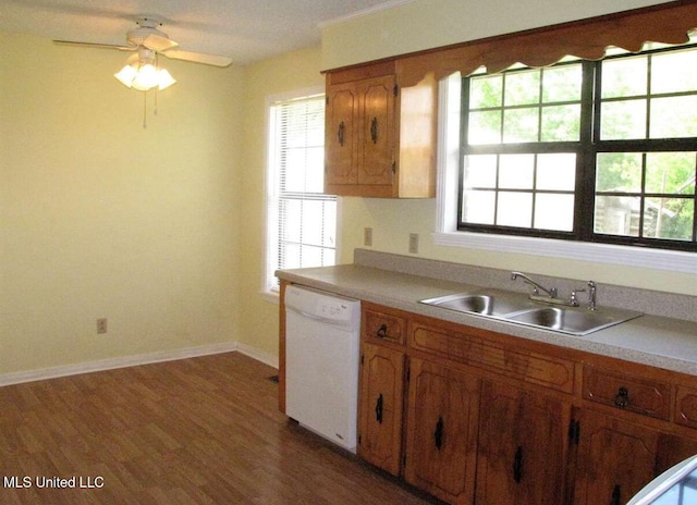 kitchen with dishwasher, a sink, brown cabinets, and wood finished floors
