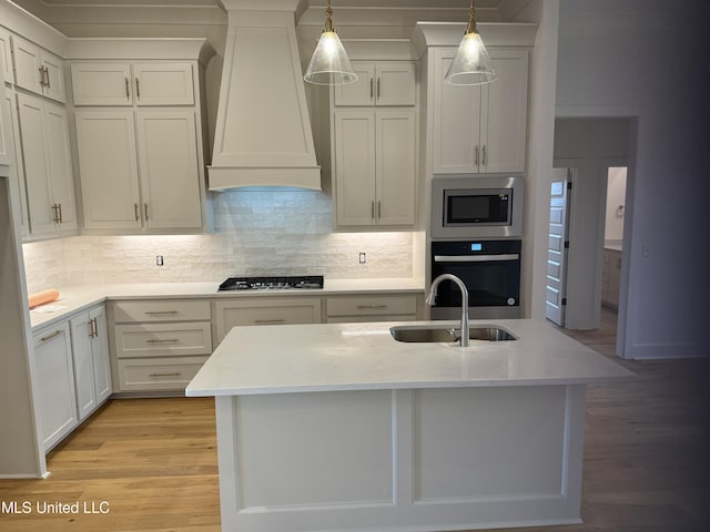 303 Birch Ct Lot 32, Canton, MS 39046 - kitchen featuring custom range hood, appliances with stainless steel finishes, backsplash, light wood finished floors, and a sink