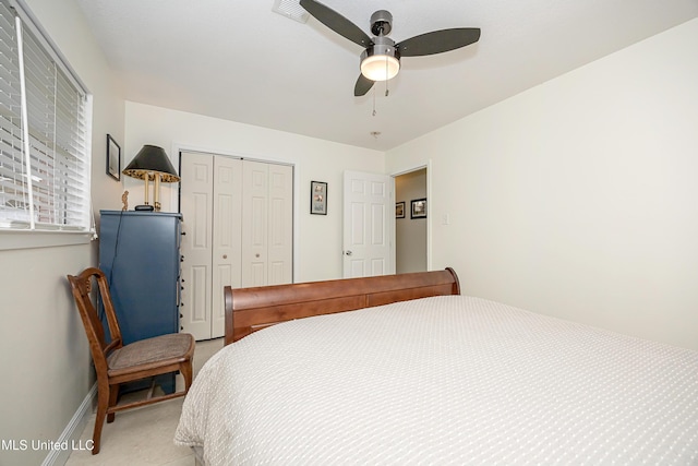 bedroom with ceiling fan and a closet