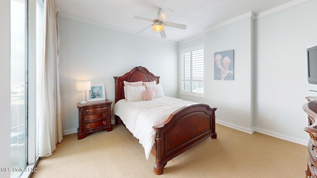 2060 Beach Blvd Unit 701, Biloxi, MS 39531 - bedroom featuring light carpet, crown molding, baseboards, and a ceiling fan