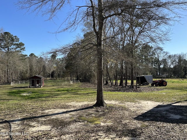 view of yard featuring an outbuilding, a storage unit, and a wooded view