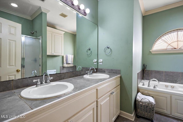 full bathroom featuring vanity, crown molding, plus walk in shower, and toilet