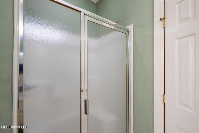 bathroom featuring a shower with door