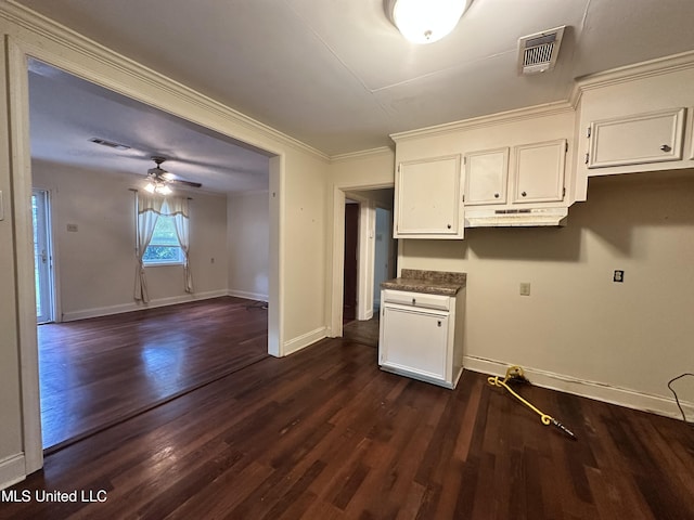 103 Lasalle St, Natchez, MS 39120 - kitchen with white cabinetry, ceiling fan, dark wood-style floors, crown molding, and under cabinet range hood
