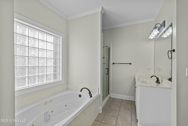 bathroom with vanity, tile patterned floors, ornamental molding, and plus walk in shower