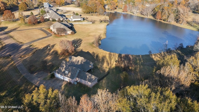 aerial view featuring a water view